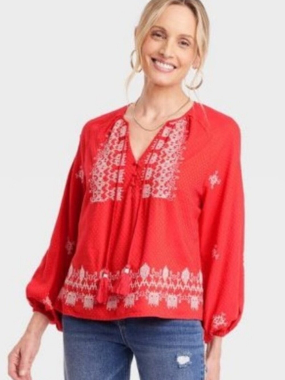 KNOX ROSE SIZE XS (oversized) Cross-stitched EMBROIDERED Red Boho 3/4 Sleeve Top